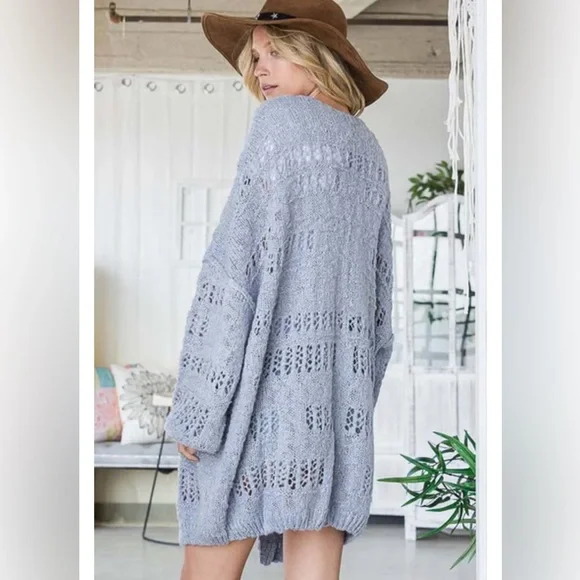 Bucketlist Holes Pattern Oversized Cardigan Medium Cool Blue Romantic Bohemian - Picture 3 of 14